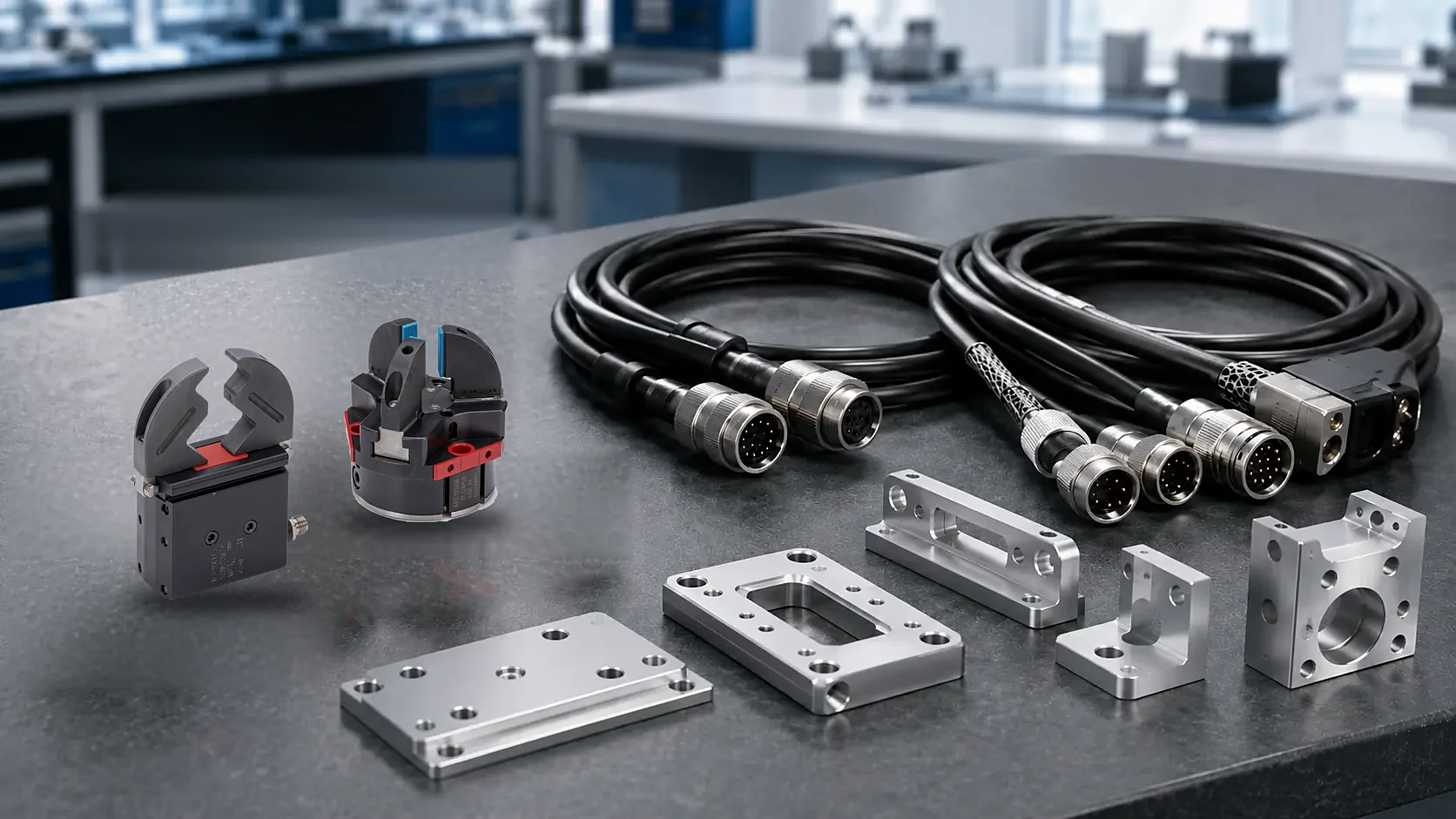 Pinzas, cables, conectores y placas de adaptación para robot