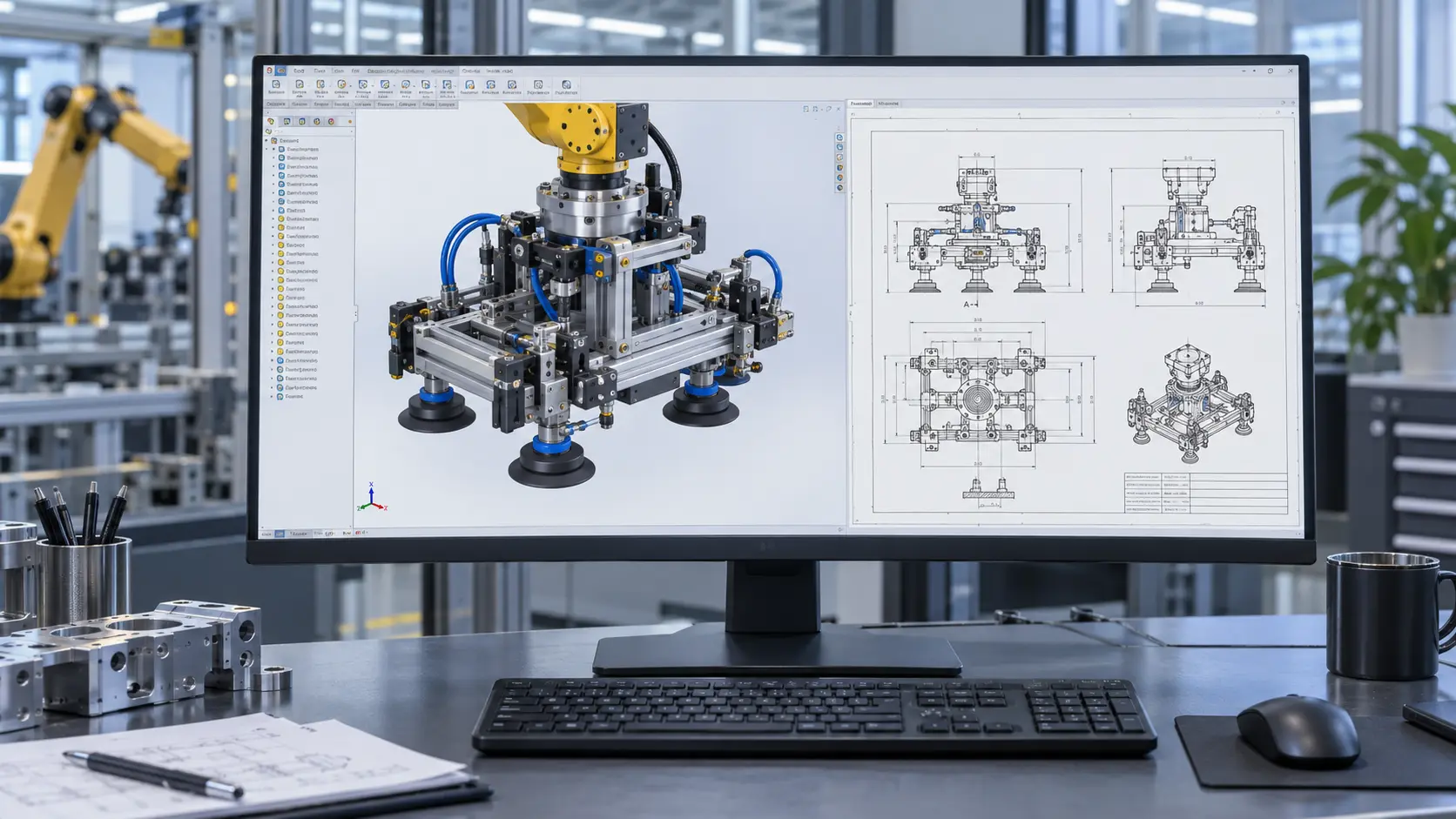 Modelo 3D y plano 2D de documentación técnica