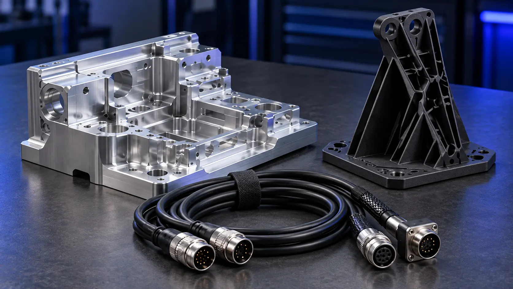 Pieza mecanizada, pieza técnica en PA12 y conectores eléctricos con cable fabricados a medida